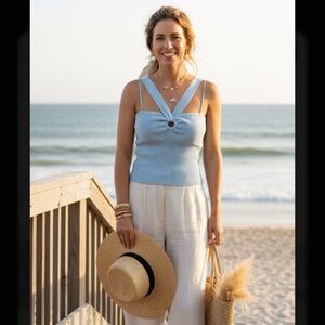 Lucy Paris Libra Halter Top Ribbed O-Ring Light Blue L Preppy Coquette Career